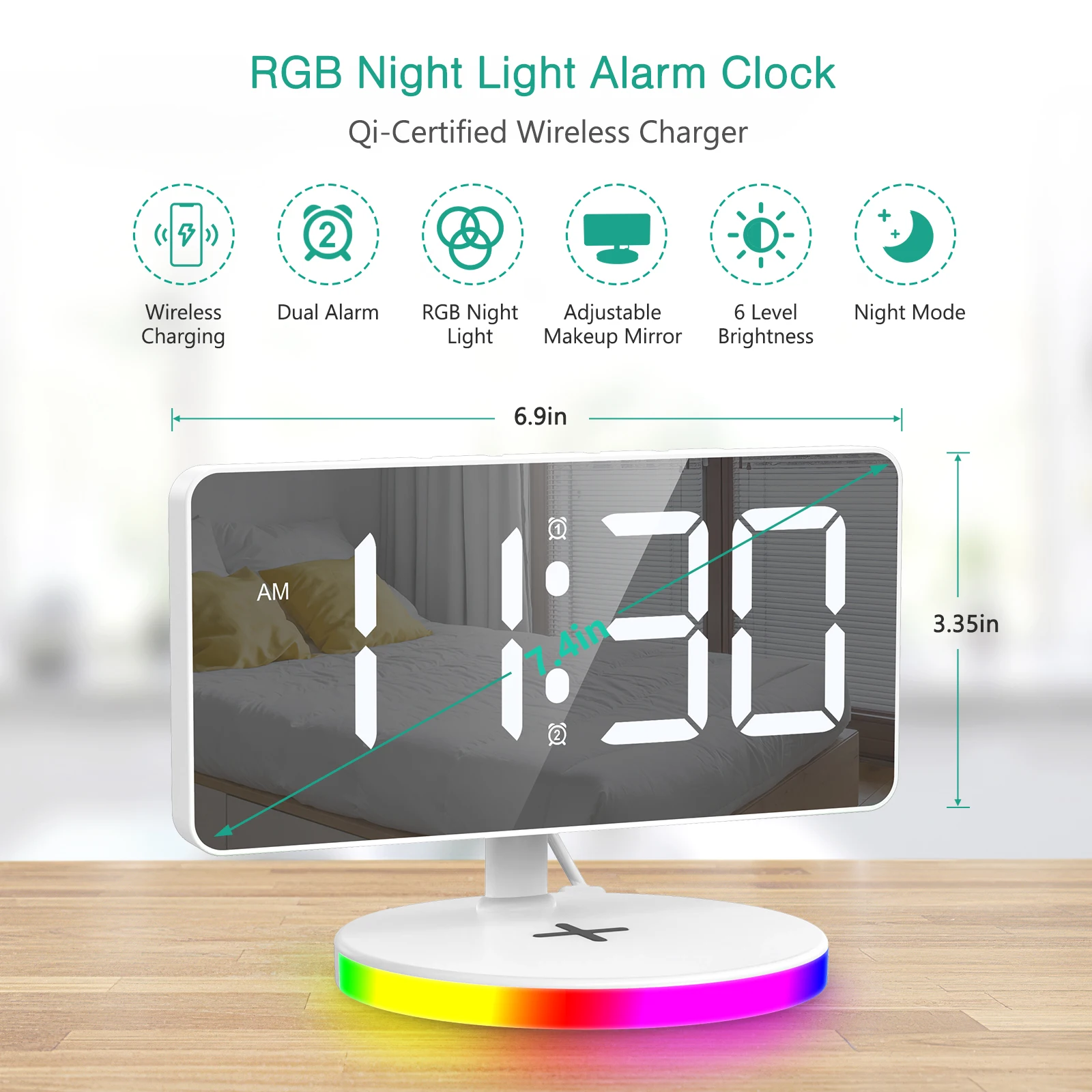 Reloj despertador digital ORIA inalámbrico con luz nocturna RGB - imagen 5
