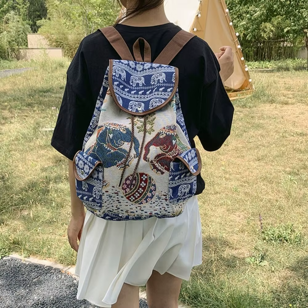 Mochila de lona Jacquard con bordado étnico de elefantes y búhos - imagen 2