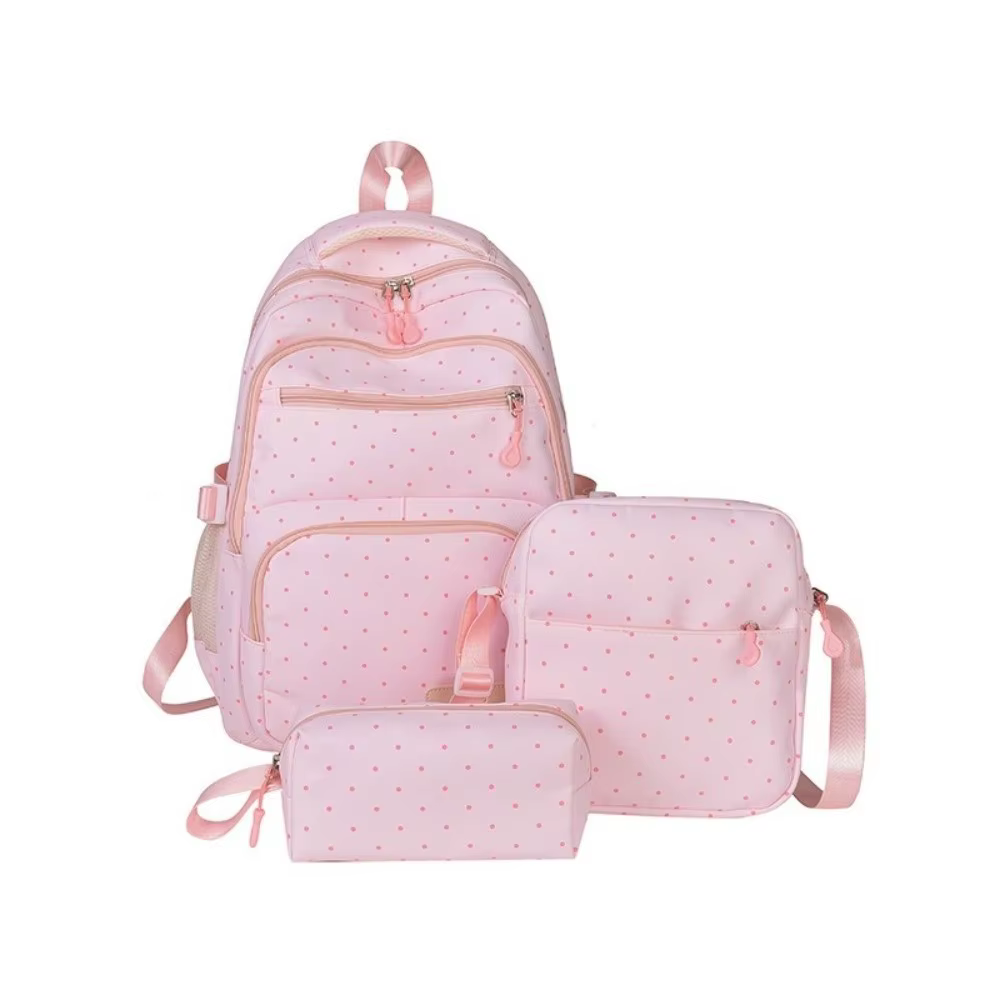 Detalle del set de mochila, bolso y estuche