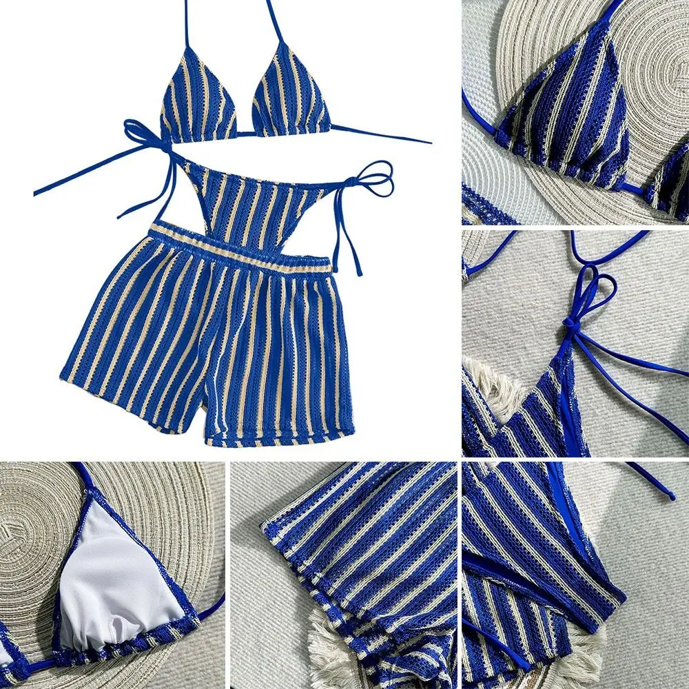 Bikini vintage de punto a rayas con lazo para mujer - imagen 5
