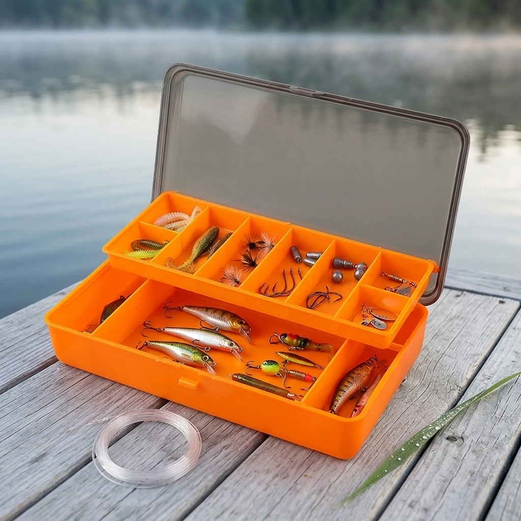 Caja de pesca portátil de doble compartimento para señuelos y anzuelos