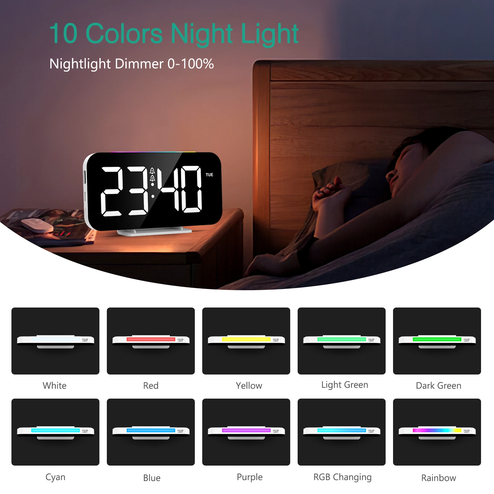 ORIA Despertador Digital LED grande, doble alarma y luz 10 colores - imagen 4