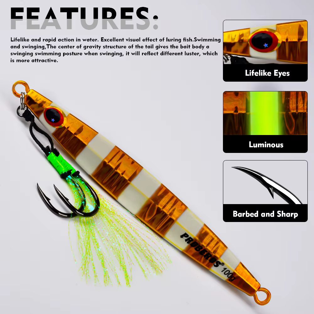 PROBEROS Slow Jig Metálico para Lubina en Agua Salada con Plumas - imagen 2