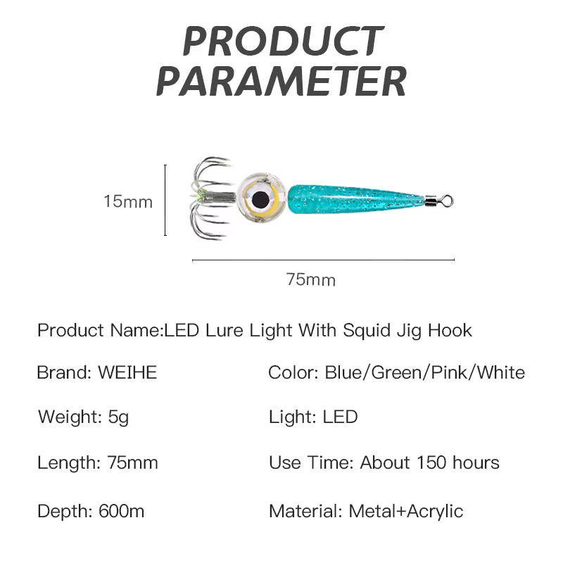 Señuelo Calamar Weihe LED – Gancho Luminoso Subacuático para Pesca - imagen 4