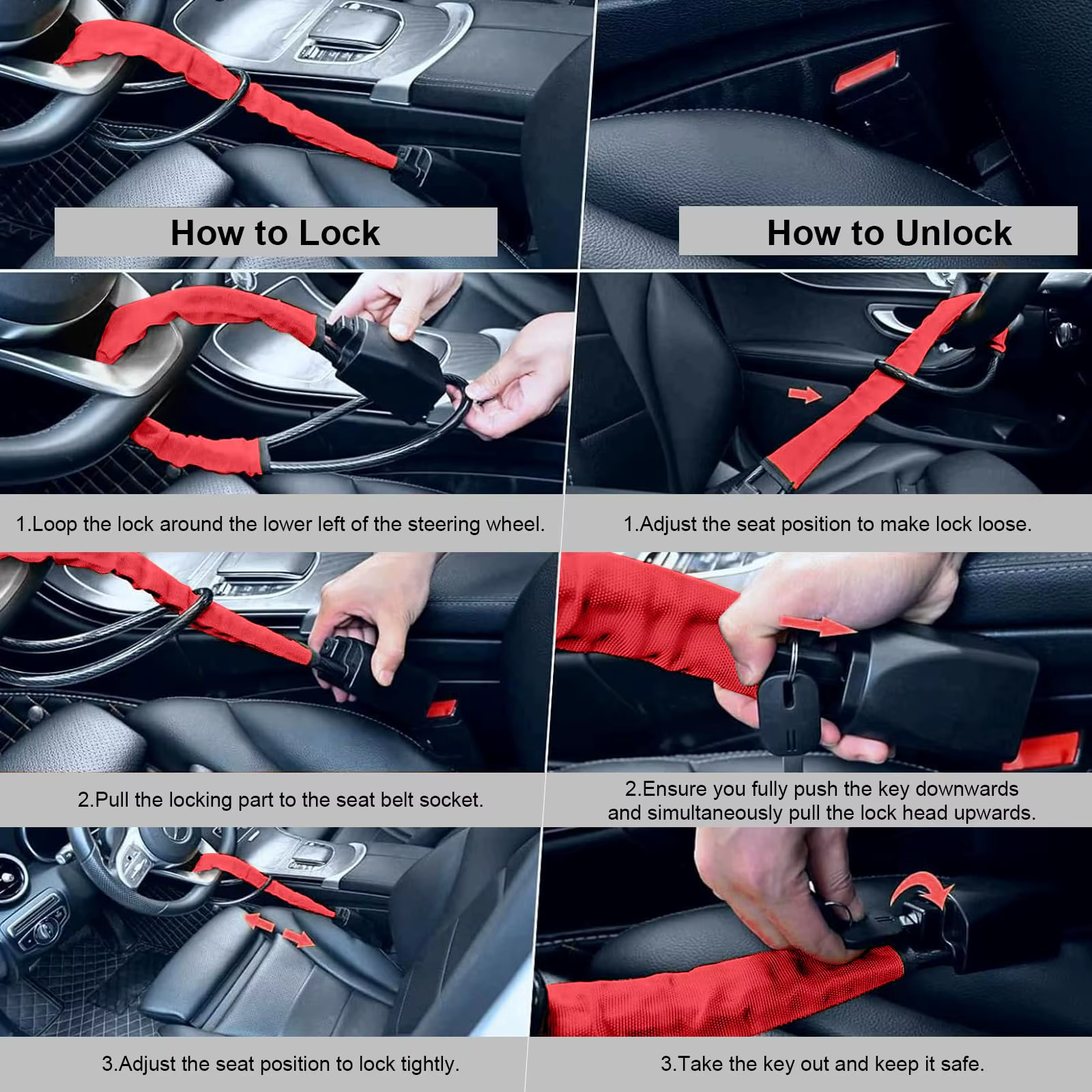 Antirrobo universal para volante coche y cinturón con cable acero