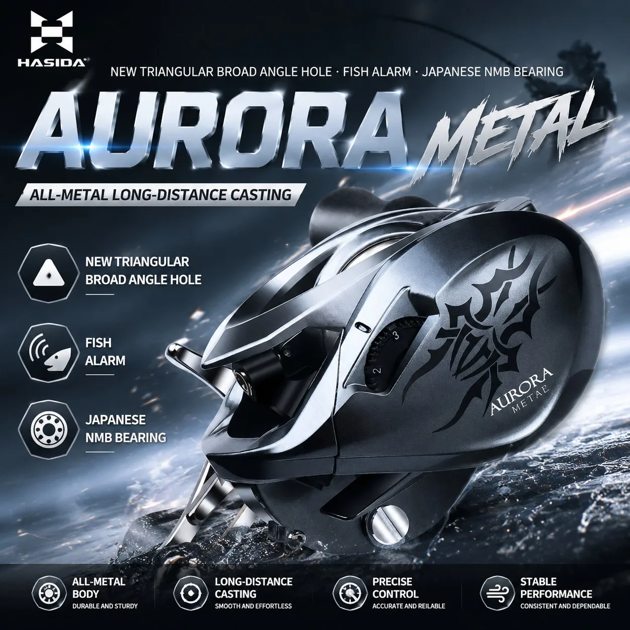 Carrete Baitcasting HISTAR Aurora 7.3:1 de fundición larga
