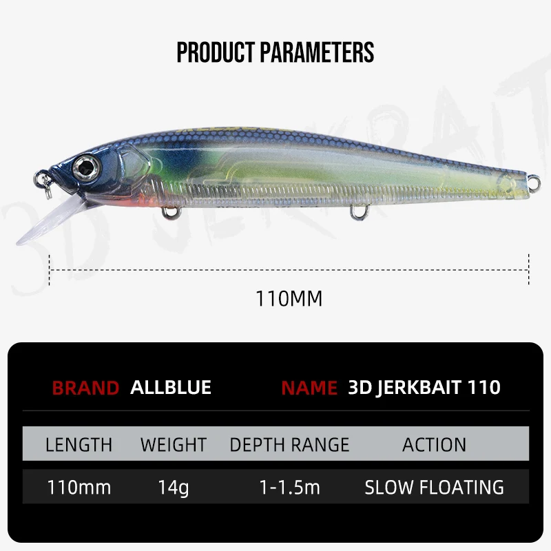 Señuelo ALLBLUE 3D Jerkbait Wobbler 110 mm para lubina y lucio