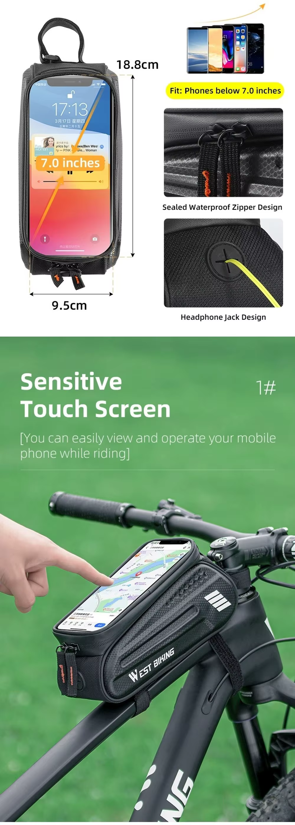 Bolsa instalada en bicicleta de montaña mostrando capacidad interior