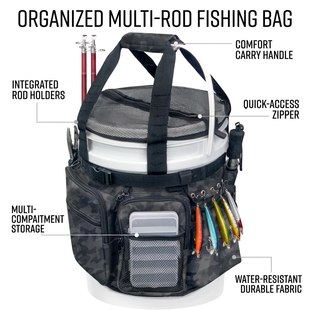 Bolsa de aparejos de pesca con soporte para cañas y multibolsillos - imagen 3