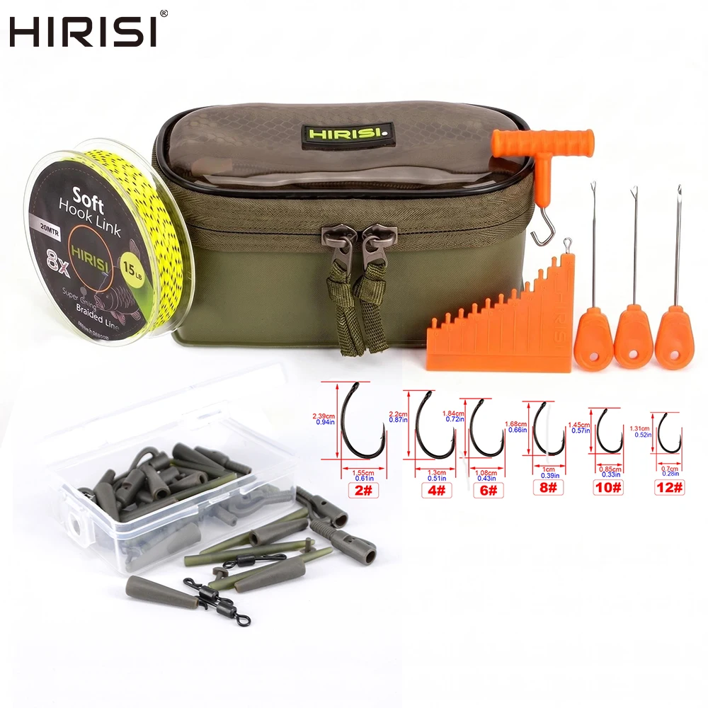 Kit pesca carpa Hirisi: anzuelos, boilie y accesorios con bolsa