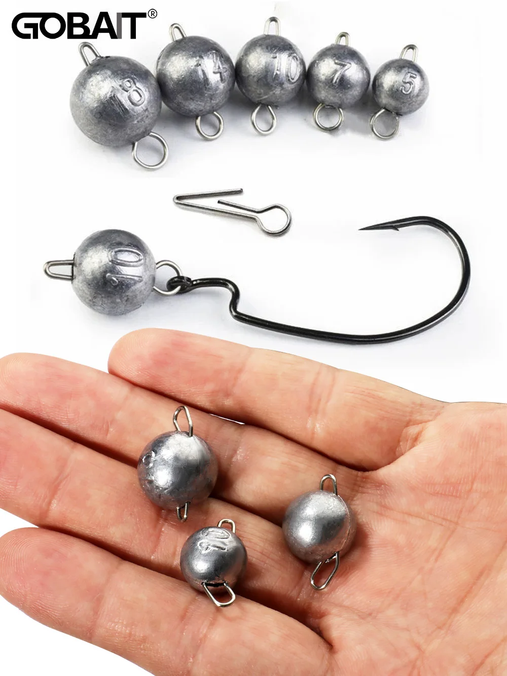 Juego de 5 plomos de pesca GOBAIT con cabeza redonda giratoria en diferentes pesos