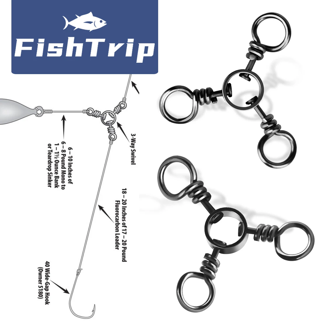 FishTrip Aparejo Giratorio 3 Vías Acero Inoxidable para Bagre - imagen 2
