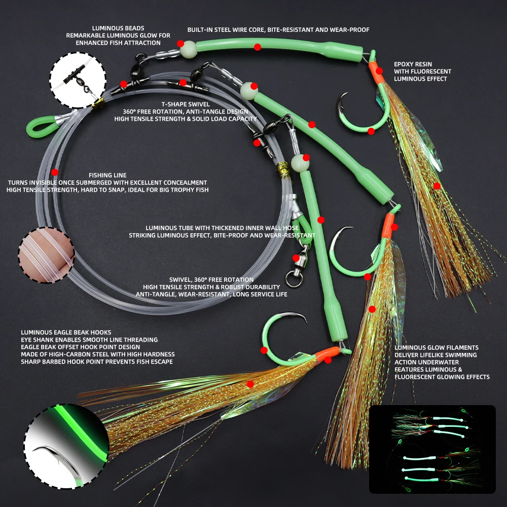 Aparejo de pesca marina pre-atado ZYZHE con tubo luminoso y anzuelos - imagen 3