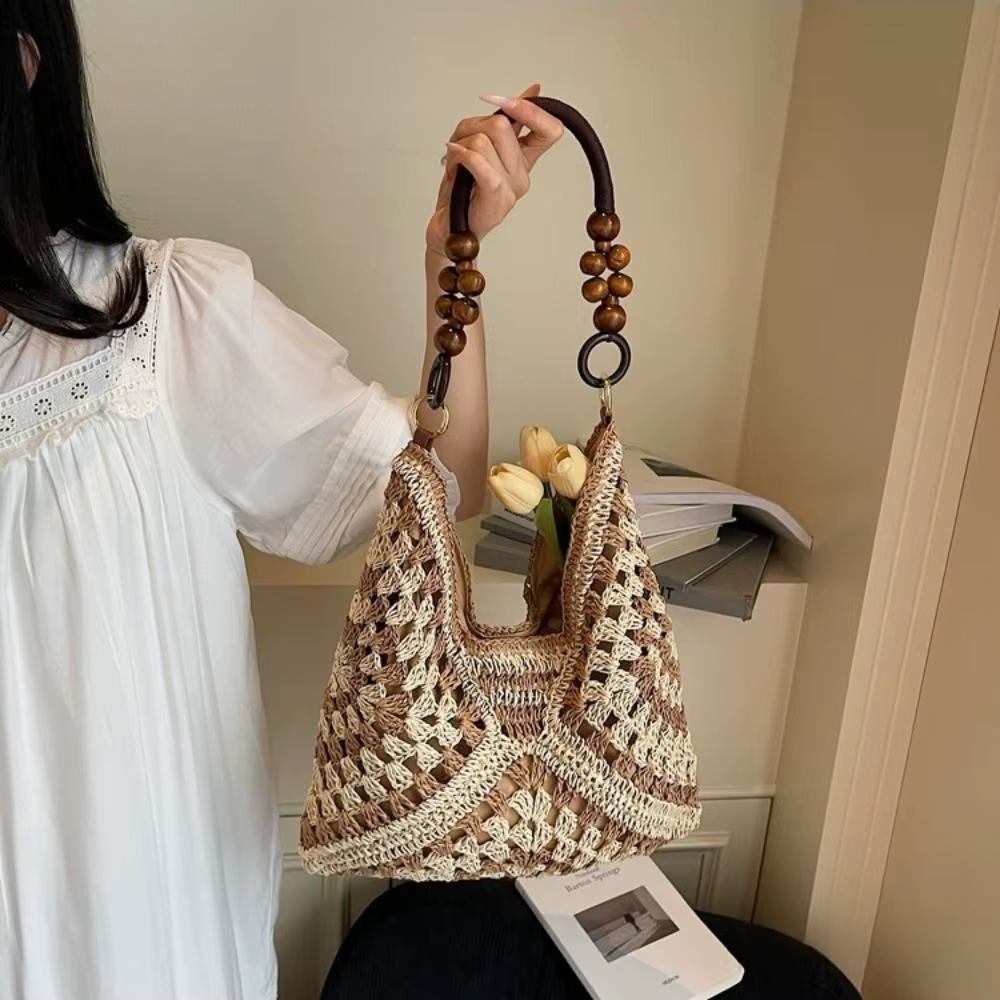 Bolso de Paja Calado Bohemio Tipo Cubo – Gran Capacidad para Playa - imagen 2