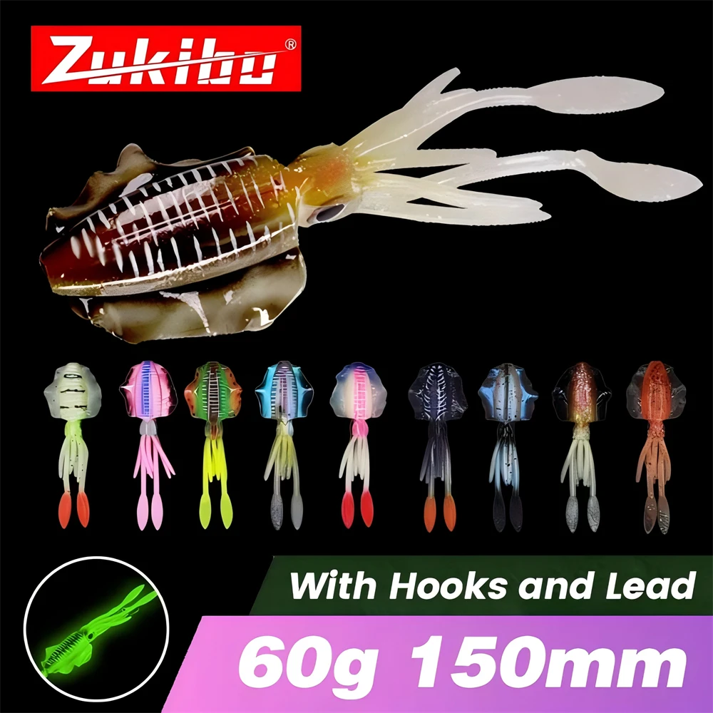 ZUKIBO Señuelo de calamar suave UV luminoso para agua salada