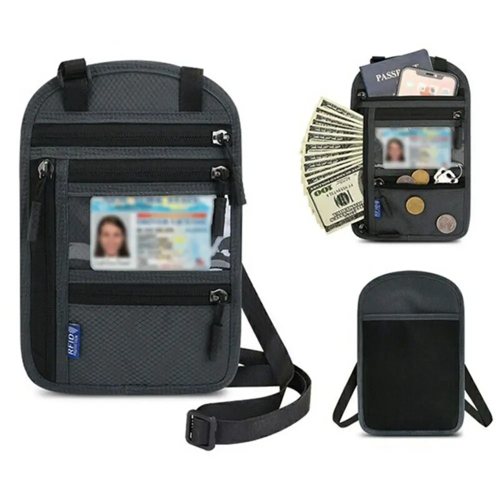 Funda pasaporte RFID de nailon con bloqueo antirrobo y correa ajustable