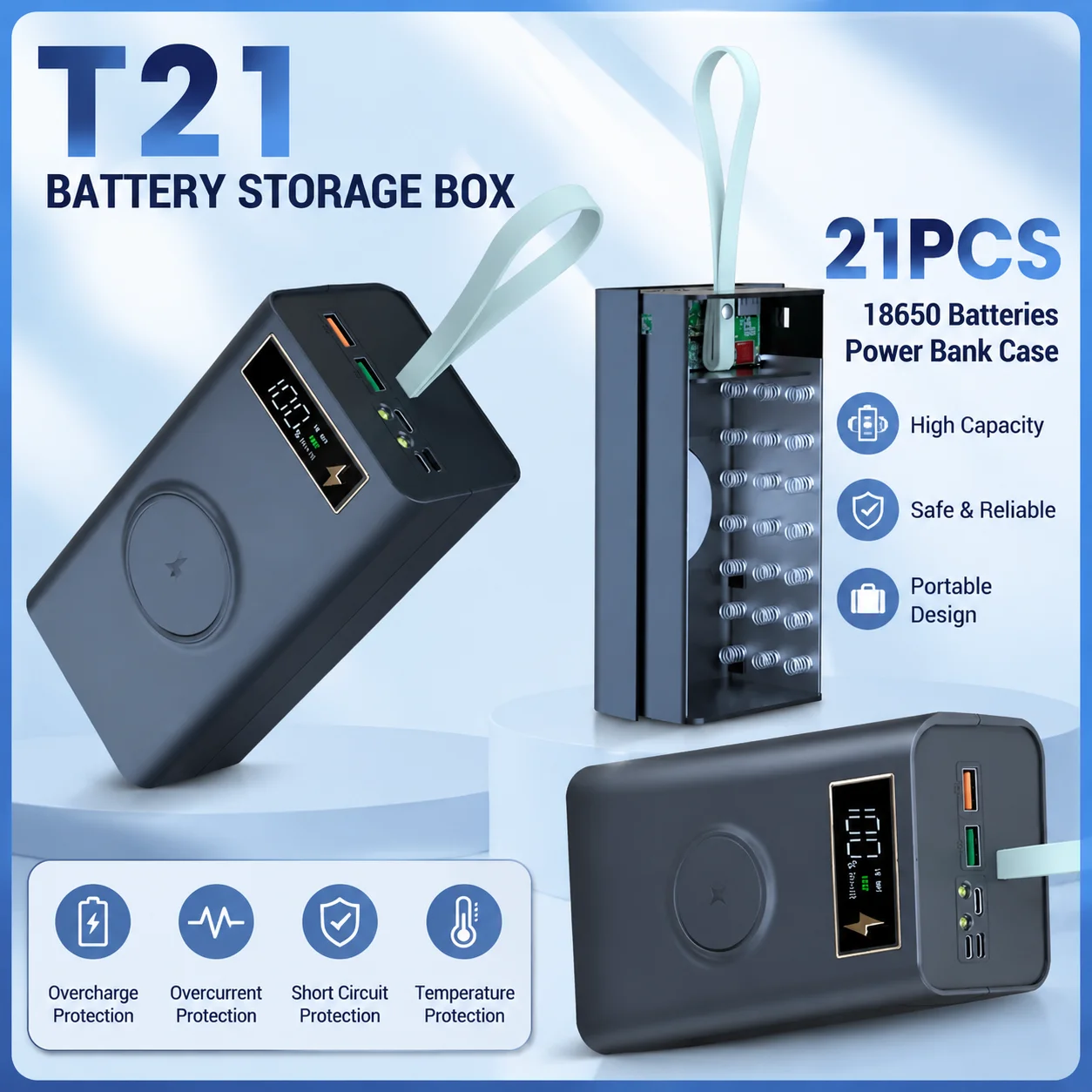 Caja porta baterías 18650 T21 con doble USB y linterna - imagen 4