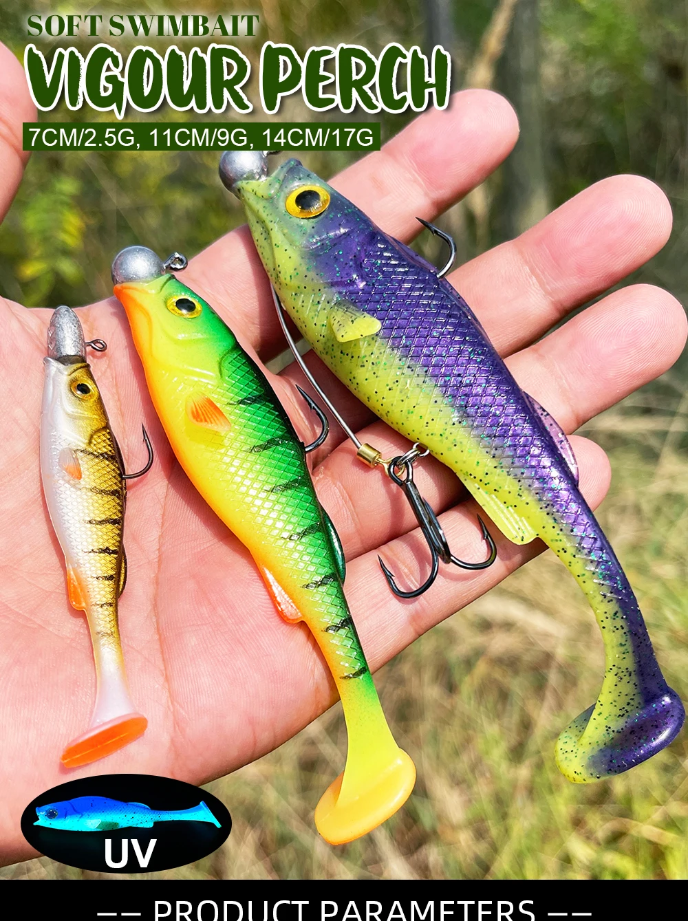 Vigour Perch Swimbait UV en tamaños