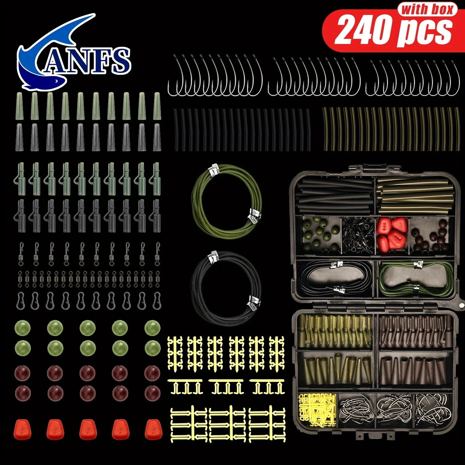 Kit completo de aparejos de pesca de carpa ANFS con 240 piezas en caja abatible