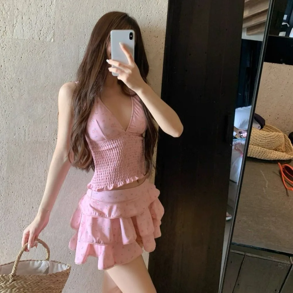Bikini de talle alto con control de abdomen y falda escalonada rosa - imagen 5