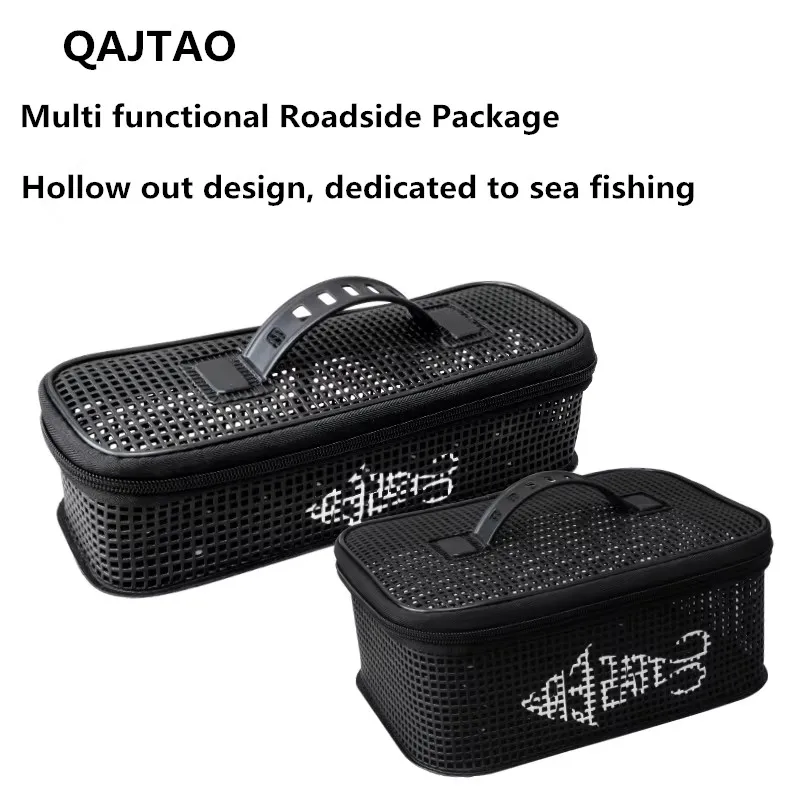 Vista frontal de la bolsa de pesca QAJTAO con múltiples compartimentos