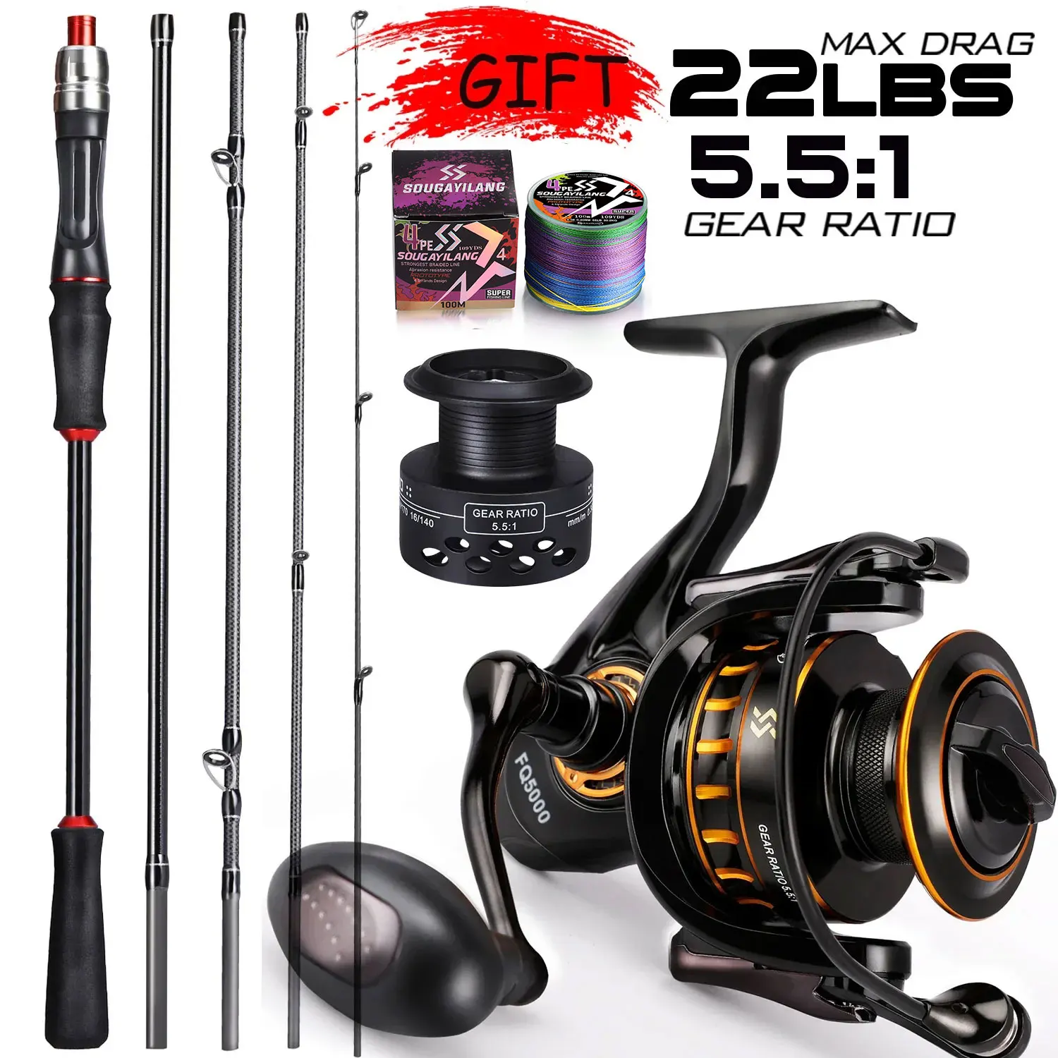 Combo Sougayilang caña spinning fibra carbono ultraligera carrete 10kg