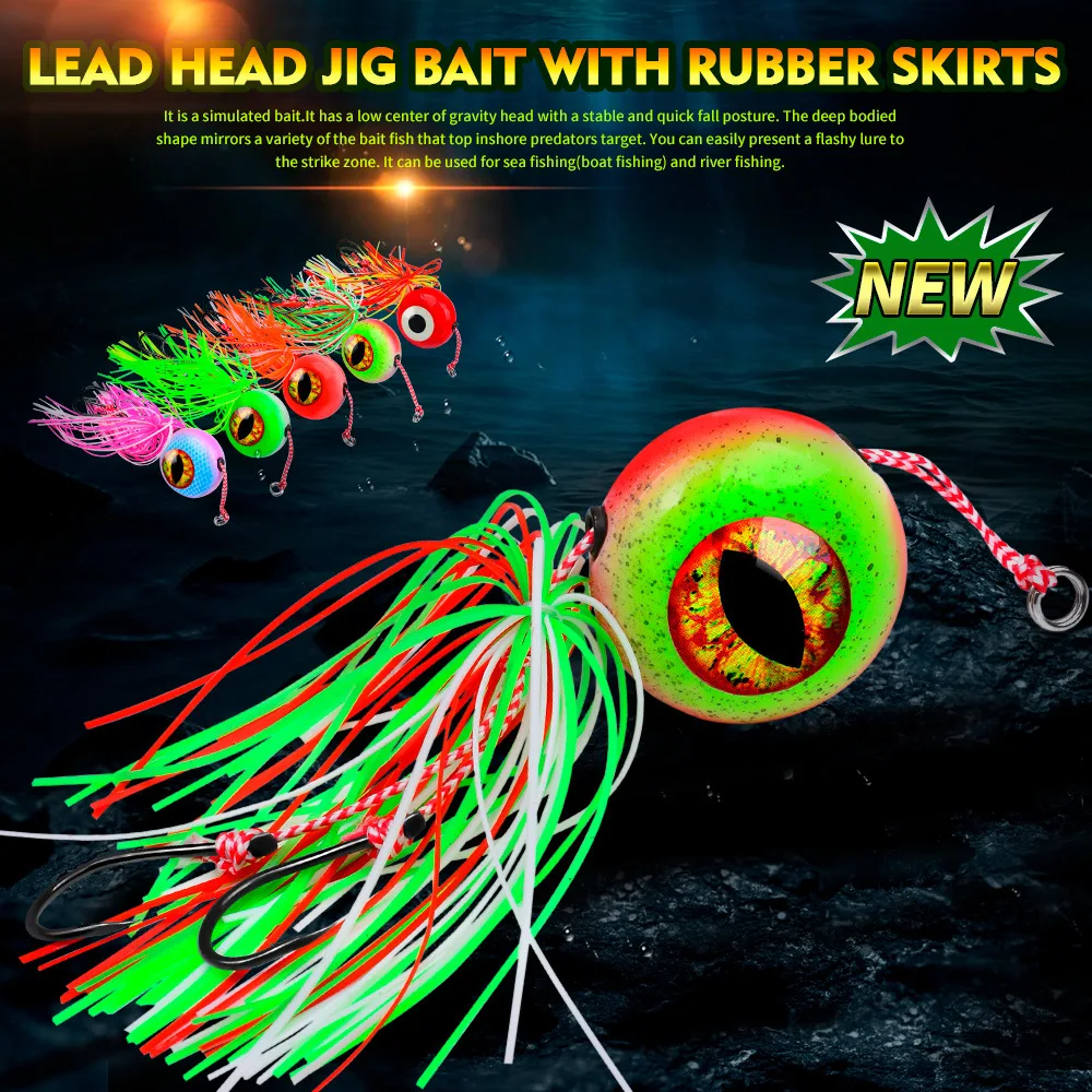 Señuelo Jigging con ojos 3D, cabeza plomo y faldas goma luminoso
