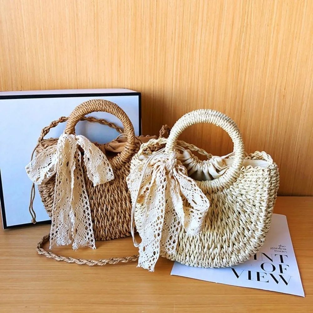 Bolso de ratán cruzado con cordón y lazo de encaje para verano - imagen 4