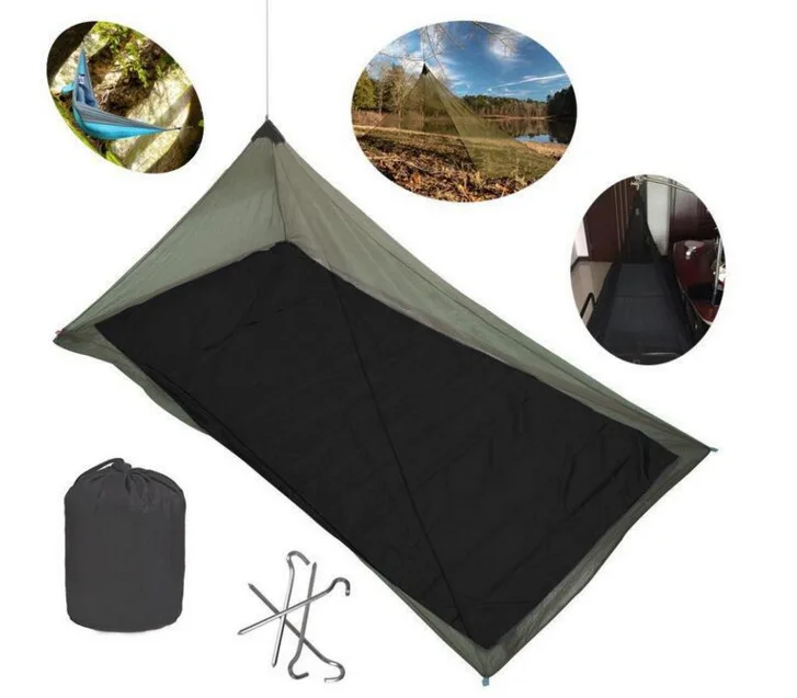 Mosquitera plegable desplegada sobre una cama de camping
