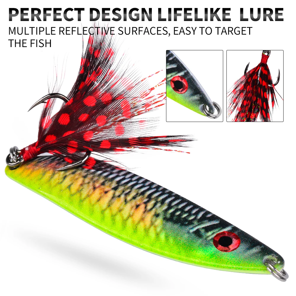 Cuchara metálica PROBEROS con anzuelo triple y pluma para lubina - imagen 4