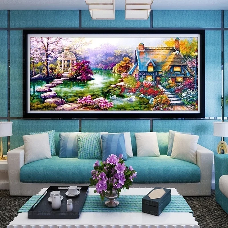 Kit de pintura de diamantes 5D para paisajes de jardín y cabañas