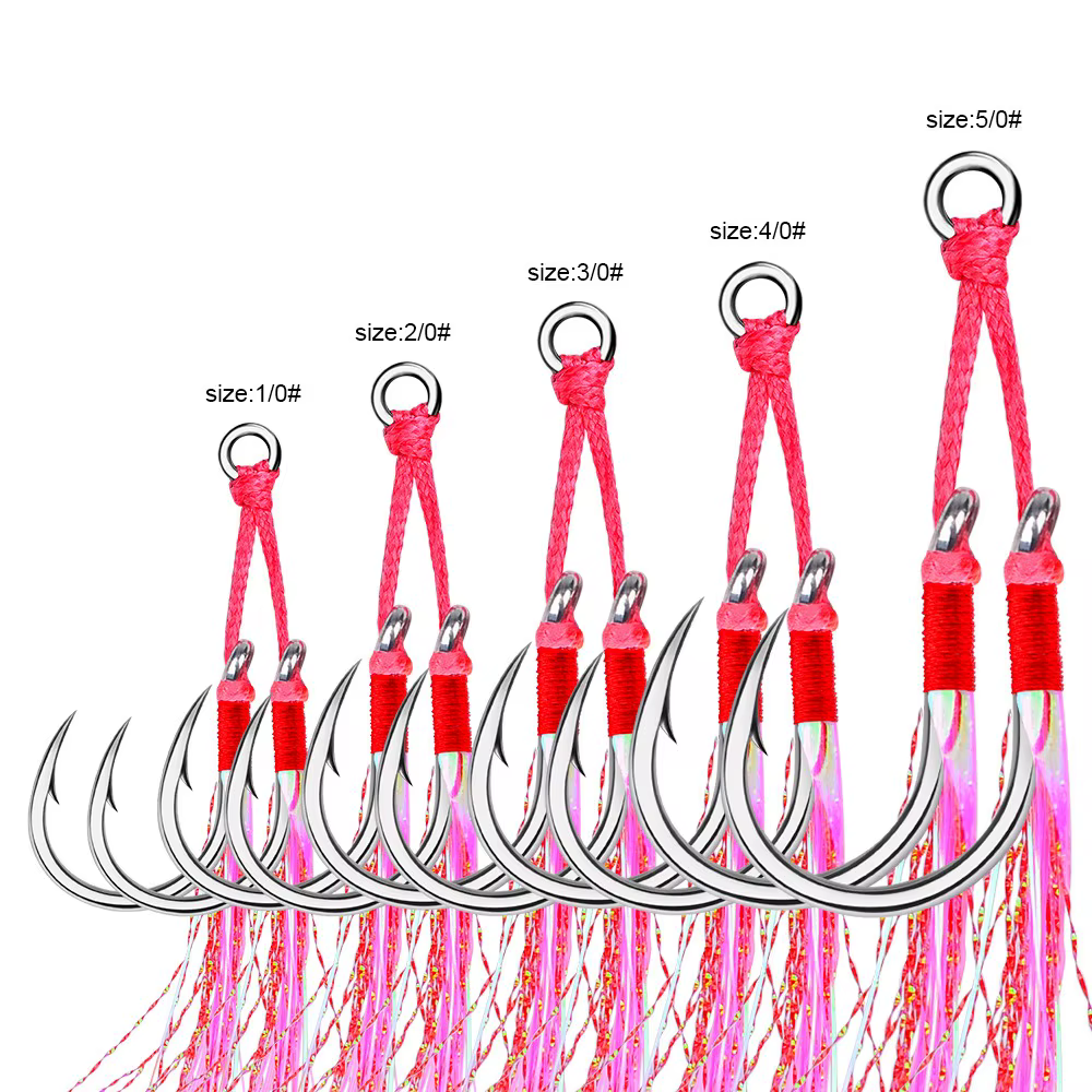 Assist anzuelos dobles púa rosa acero carbono con plumas pesca - imagen 2