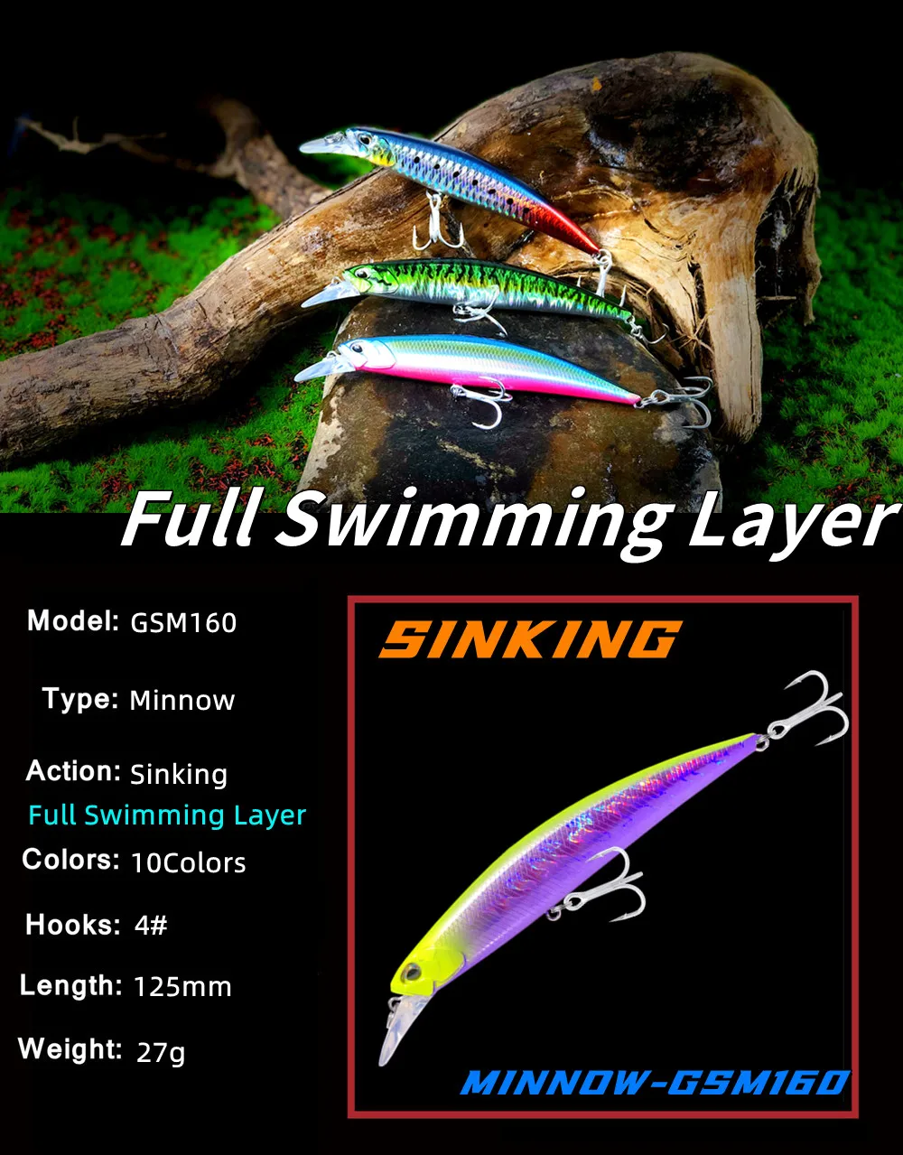 Vista lateral del jerkbait GREENSPIDER mostrando su acabado realista