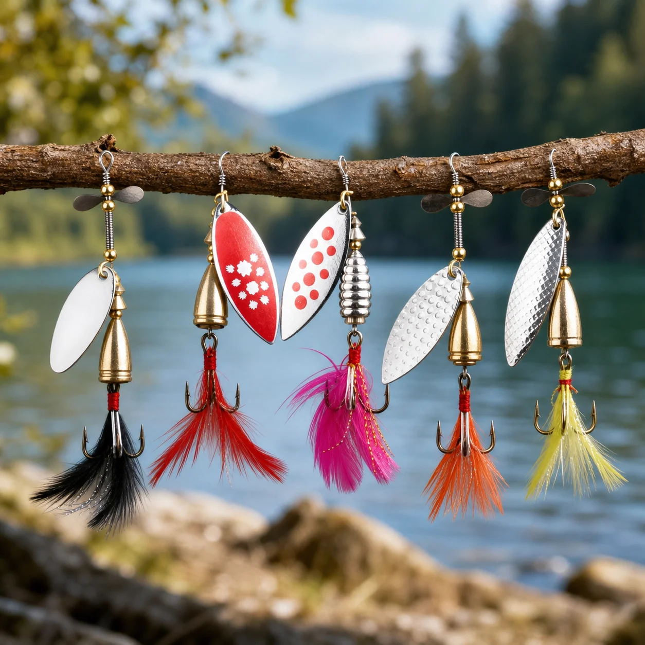 Cucharillas giratorias con anzuelo de plumas para trucha y lubina