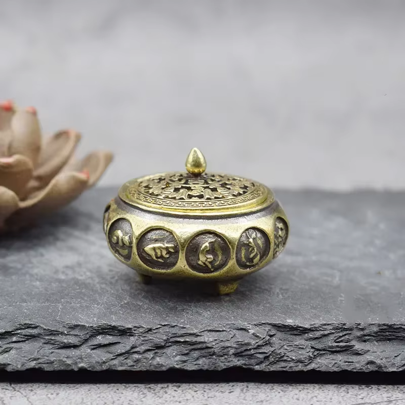 Quemador de incienso cobre hueco con soporte sándalo bronce antiguo - imagen 3