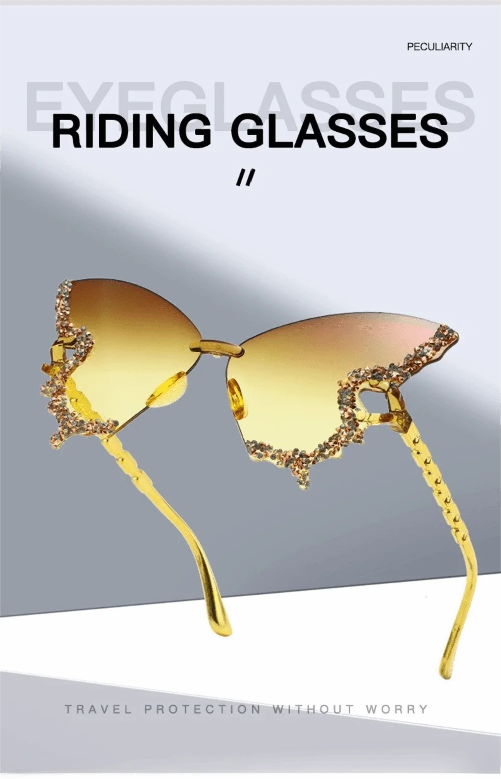 Gafas de sol estilo mariposa con montura sin aro y pedrería