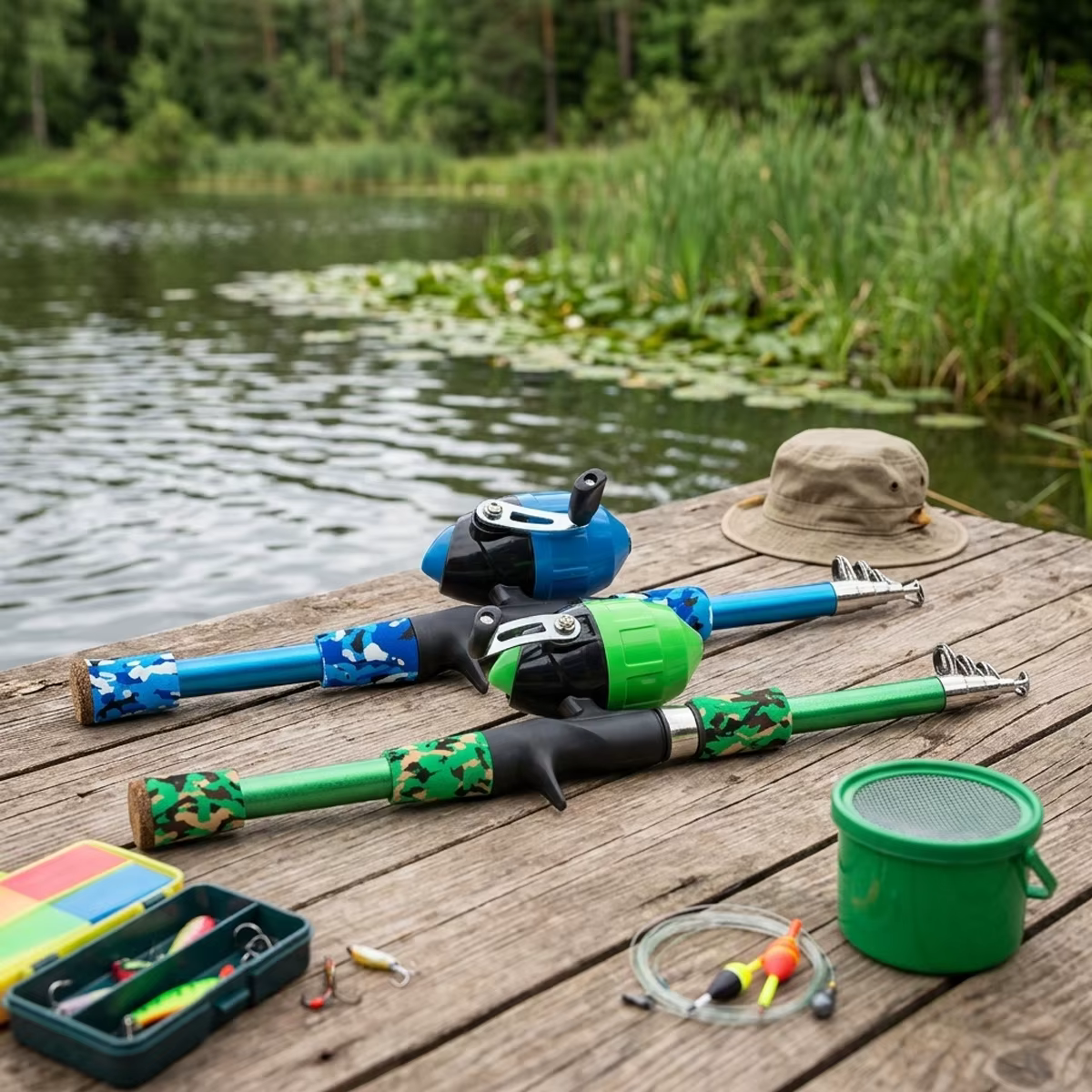 Combo Pesca 1.5m Caña Carrete Vinilos Anzuelos Eslabones - imagen 2