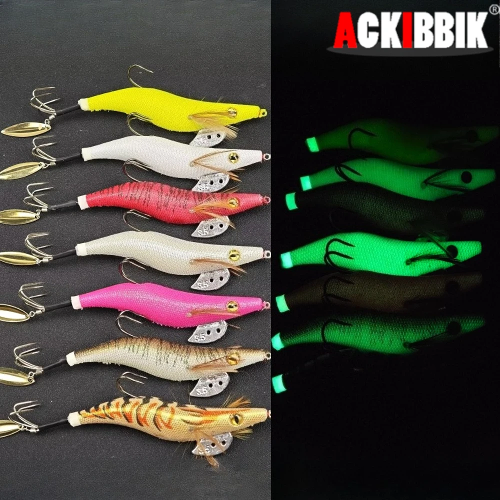 Egi Squid Jig con hoja Willow y doble anzuelo luminoso nocturno