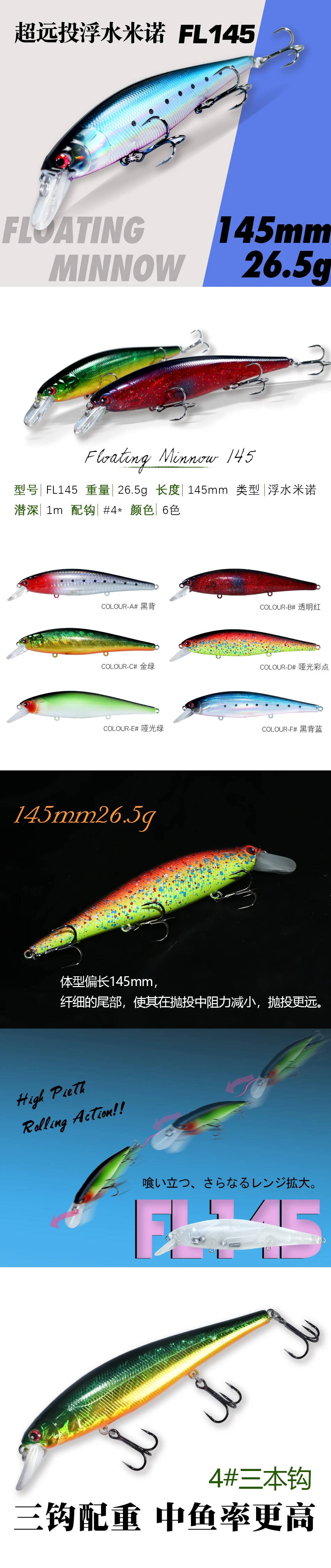 Pack de 4 señuelos Swolfy Minnow 145F flotantes para pesca de lubina
