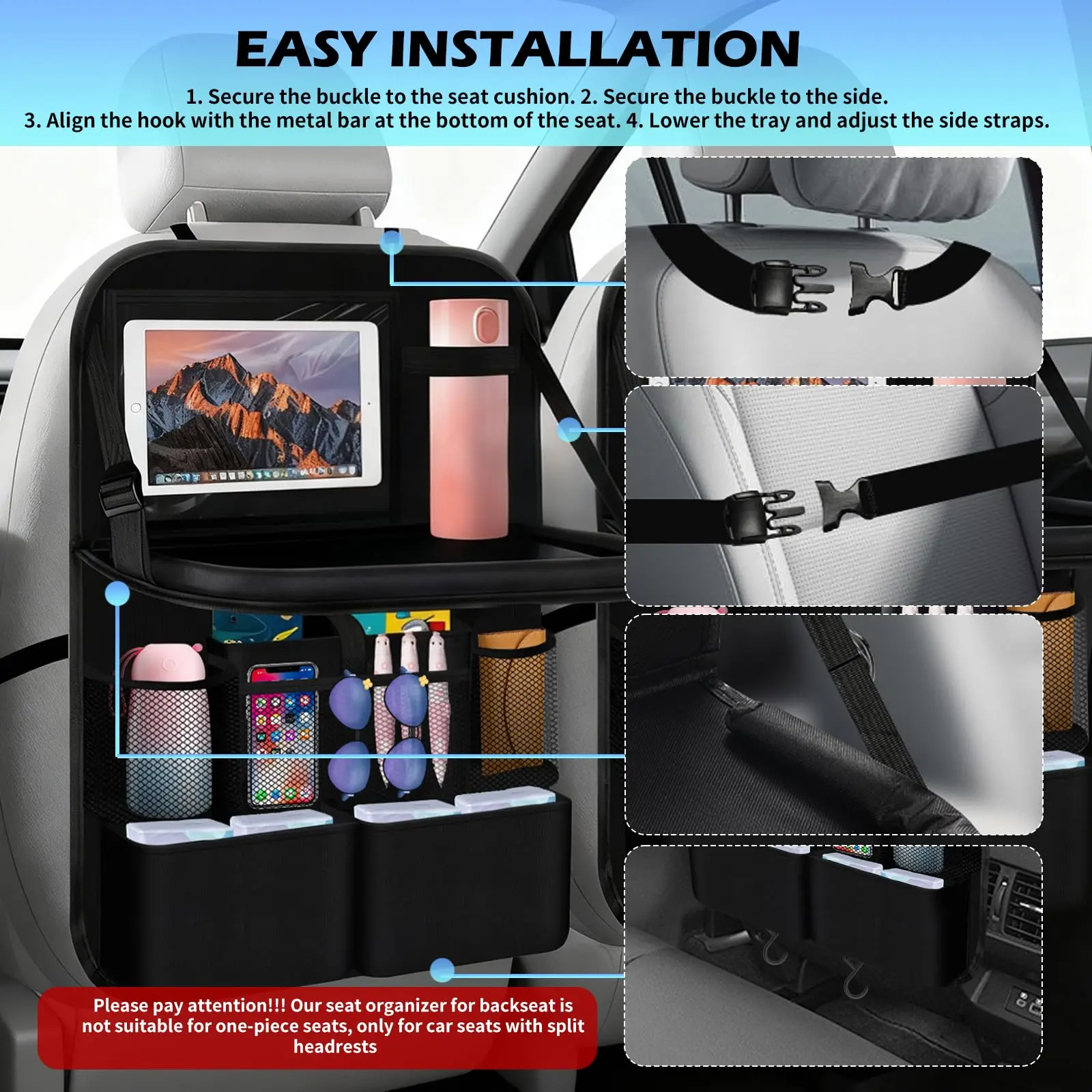 Organizador asiento trasero con bandeja y bolsillos para tablet - imagen 5