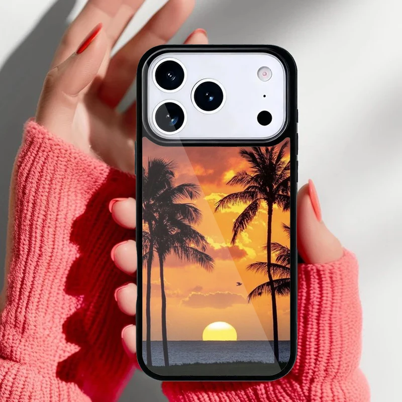 Funda para iPhone con diseño tropical de palmeras y atardecer en la playa