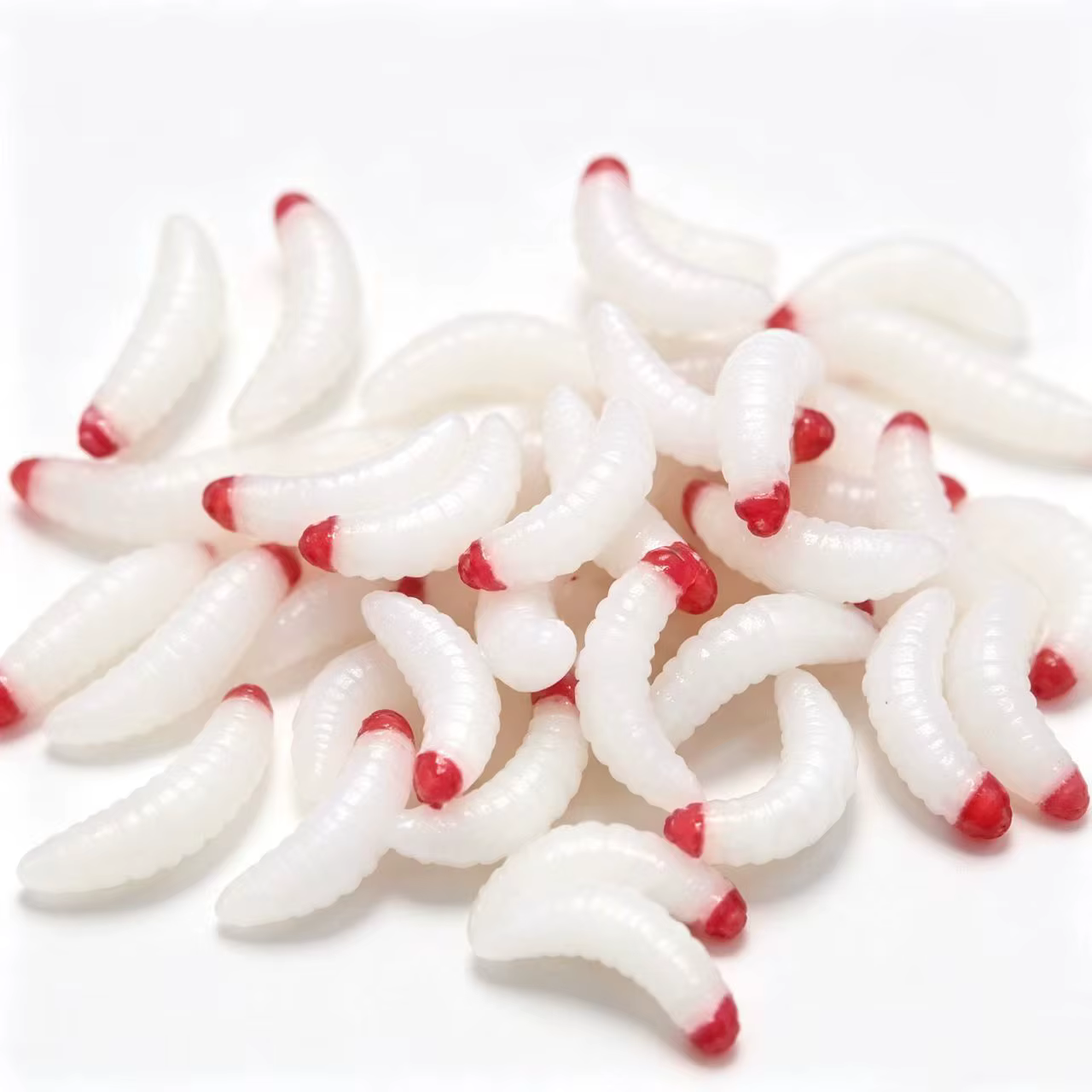 Gusanos de silicona blanca con cabeza roja para pesca invernal