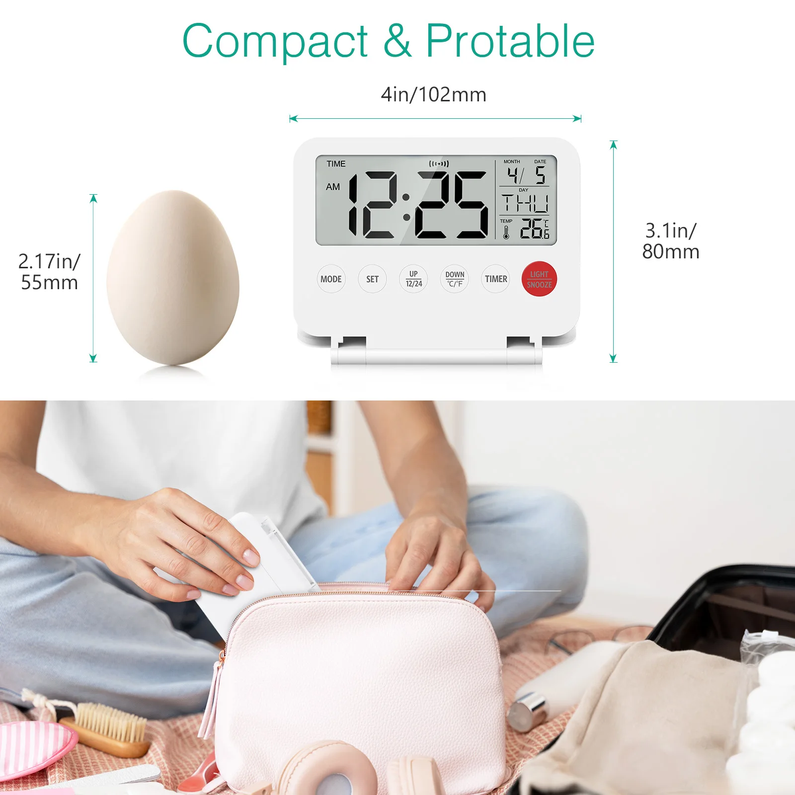 Reloj despertador digital ORIA con calendario y temperatura portátil - imagen 2