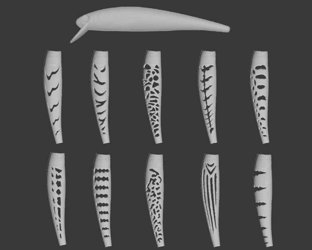 Plantilla 3D wLure para jerkbait UPM509 mostrando patrones de pintura