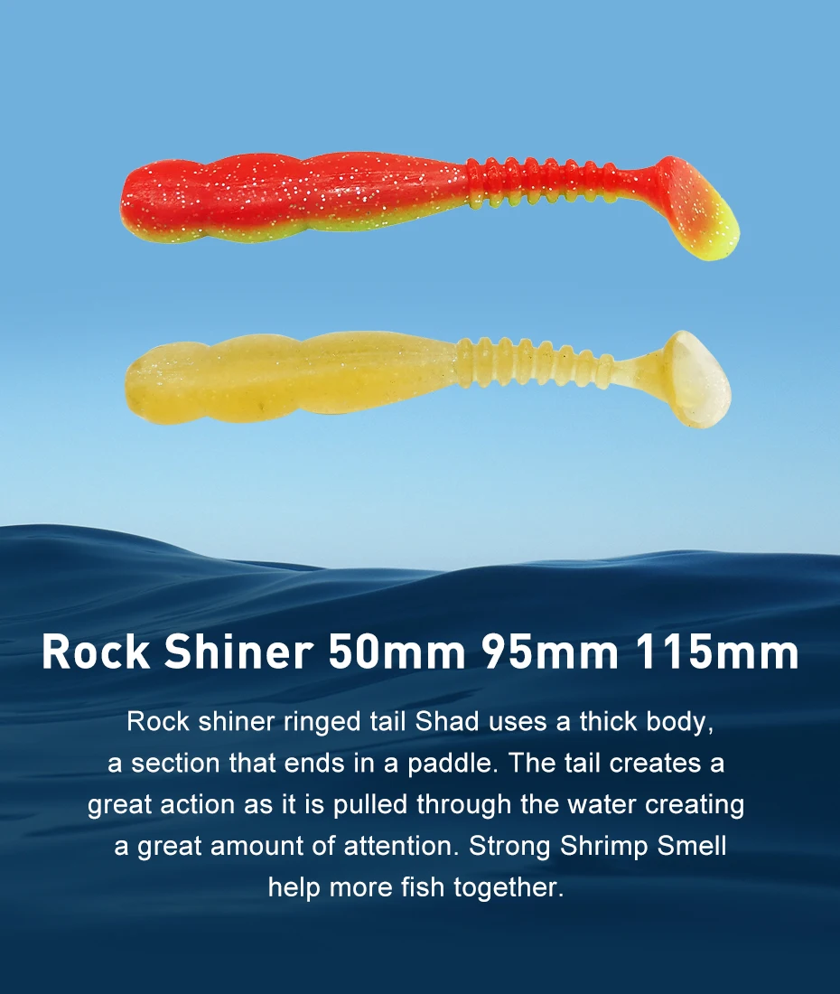 Detalle del acabado con purpurina y cola vibratoria del Rockviber Shad