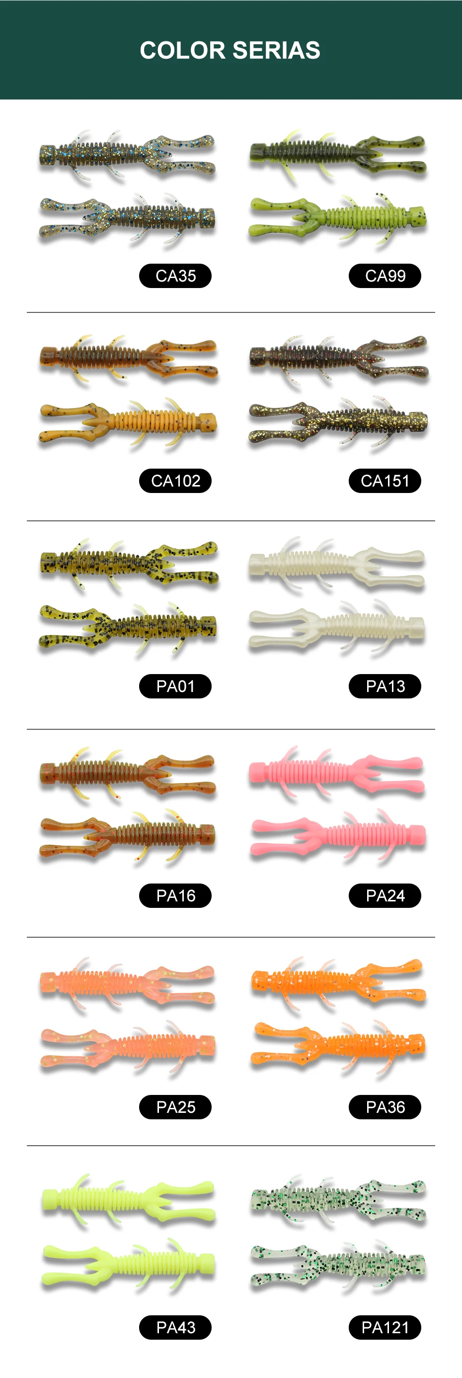 Pack de señuelos Monster Shrimp MSR60 exhibidos para mostrar variaciones de color