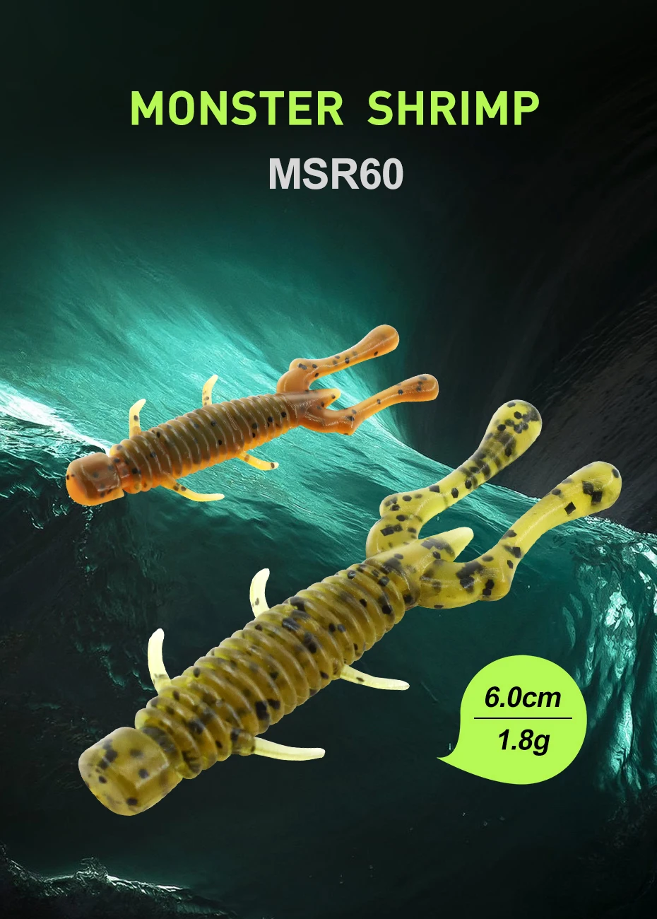Señuelo flotante Monster Shrimp MSR60 visto desde arriba, mostrando su diseño realista de cola de camarón
