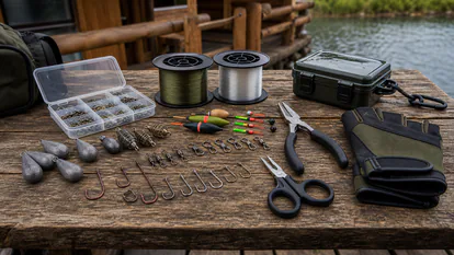 Accesorios de pesca ordenados sobre una mesa: anzuelos, plomos, tijeras, alicates y líneas.