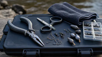 Detalle de alicates, tijeras y anzuelos de pesca limpios sobre una caja estanca.