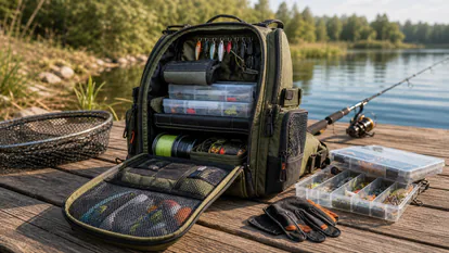Mochila de pesca abierta con cajas de señuelos y accesorios organizados por compartimentos.